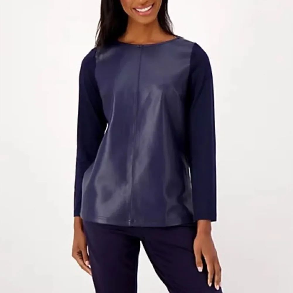 Belle by Kim Gravel Faux Leather Top with Knit Sleeves